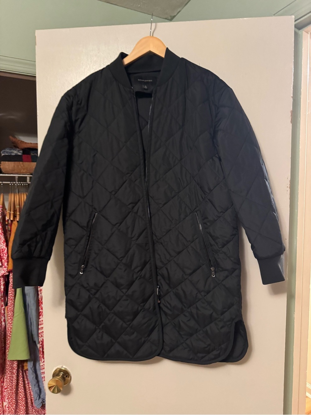 Banana Republic Black Quilted Long Bomber Jacket